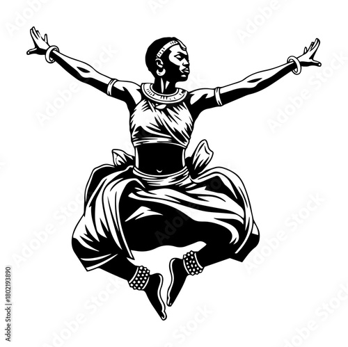 african woman in traditional dress jumping dance vector illustration