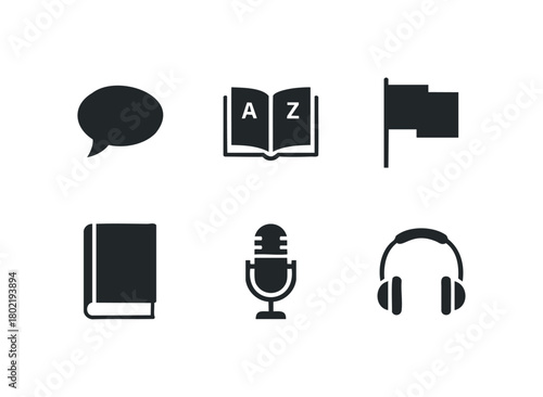 Set of six simplified black icons representing communication and learning
