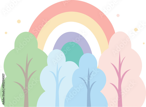 Abstract rainbow forest pattern with pastel mist and glow