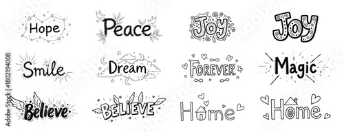 hand lettered inspirational words doodle quote set vector