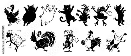 funny dancing farm animals silhouette set vector