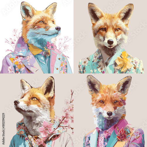 Stylish fox portraits dressed in floral themed fashion outfits with soft pastel colors. Artistic anthropomorphic characters perfect for prints, posters, decor, and creative design projects.