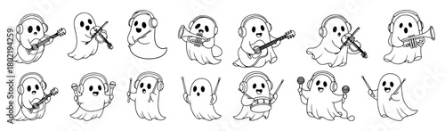cute cartoon ghost band playing music vector set