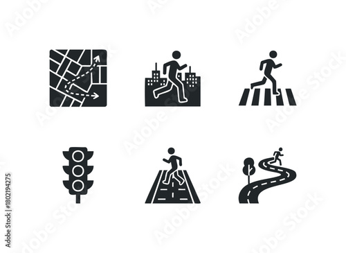 Set of icons illustrating urban navigation and traffic control elements