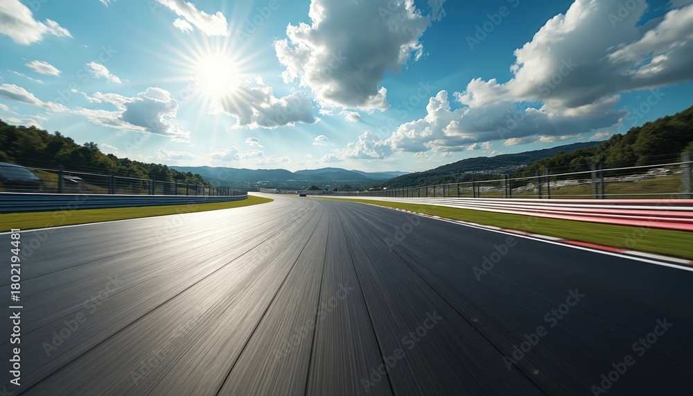 Naklejka premium Racing circuit asphalt on sunny day. Mountains, green hills, blue sky with clouds. Empty race track tarmac with red and white curbs. Motion blur effect suggests speed and fast motion.