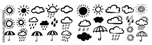 doodle weather icons sun rain cloud umbrella collection