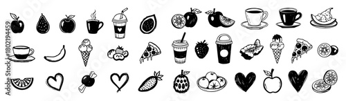 hand drawn food and drink doodle icons set