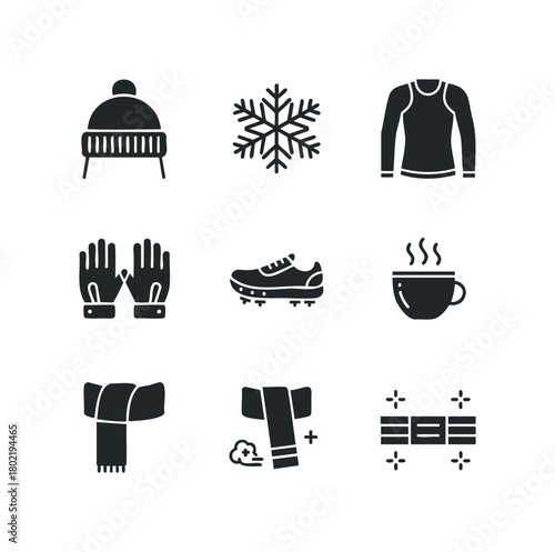 Winter season icon set for cold weather apparel and activity