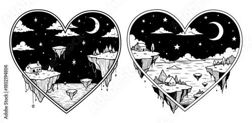 fantasy floating islands landscape in heart frame vector