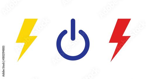 Minimal power button with yellow and red lightning bolts on white background