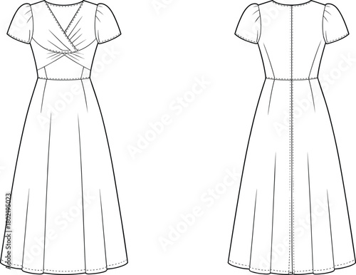 Technical flat sketch, midi dress design, pleated bodice, flared skirt, short sleeve, front and back view, fashion illustration, garment construction, vector template