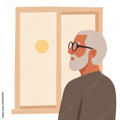 Senior man by the window. Elderly man standing near a window. Older gentleman looking through the window. Mature man pictured by window light. Elderly set