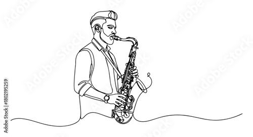 man playing saxophone continuous one line drawing jazz music