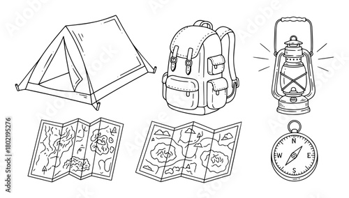 hand drawn camping and hiking equipment doodle set