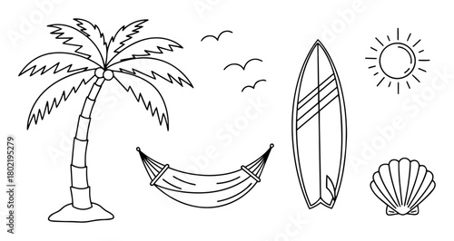 summer beach vacation doodle set line art vector