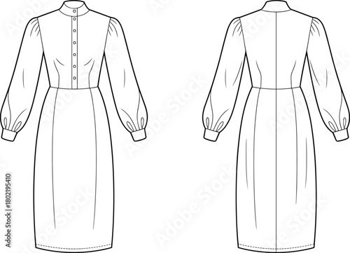 Technical flat sketch, midi dress design, button front, high collar, bishop sleeve, front and back view, fashion illustration, garment construction, vector template