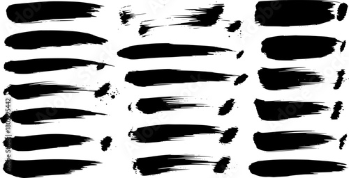 black brush strokes, various widths and textures, some with rough edges, high contrast, artistic, ink splashes, dripping paint