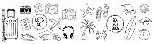 summer travel beach vacation doodle icons set vector