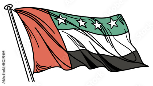 Illustration of a united arab emirates flag waving on a pole with stars and distinct color bands