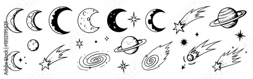 space and celestial bodies hand drawn doodle set vector
