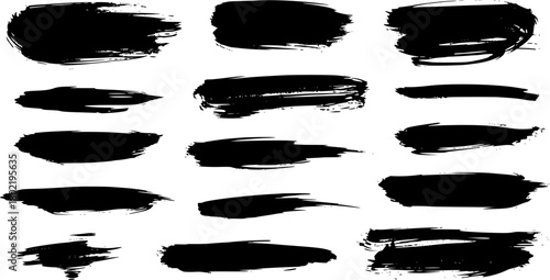 black brush strokes, various widths and textures, some with rough edges, high contrast, artistic, ink splashes, dripping paint