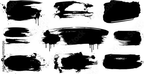 black brush strokes, various widths and textures, some with rough edges, high contrast, artistic, ink splashes, dripping paint