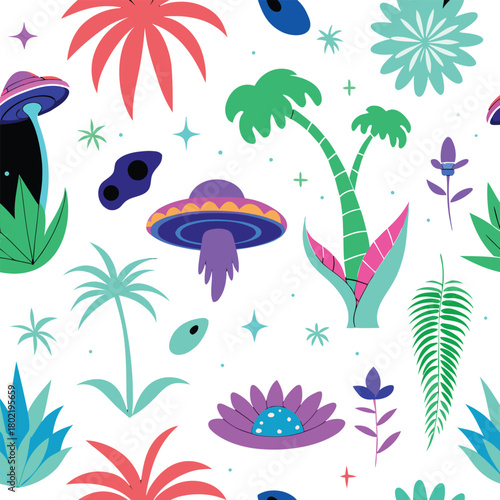 Cosmic jungle pattern with alien flora and neon fantasy