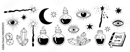 mystic magic doodle set witchy esoteric elements vector
