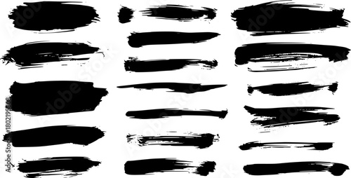 black brush strokes, various widths and textures, some with rough edges, high contrast, artistic, ink splashes, dripping paint