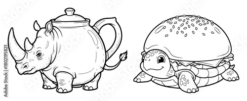 surreal animal object hybrid rhino teapot and turtle burger vector