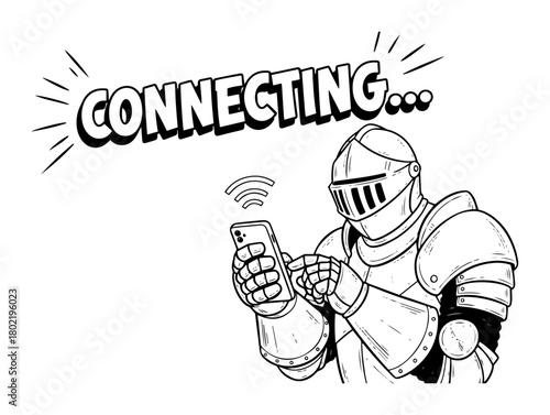 medieval knight trying to connect to wifi on smartphone vector