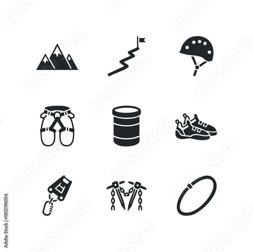 Set of icons for mountaineering and climbing gear