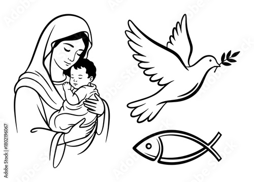 virgin mary jesus dove and fish christian symbols