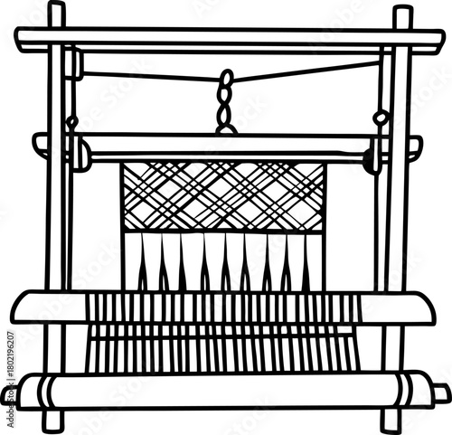 Traditional weaving loom outline handcrafted textile equipment for fabric making, craft workshop tool concept