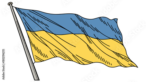 Illustration of the ukrainian national flag waving on a pole with blue and yellow colors displayed well