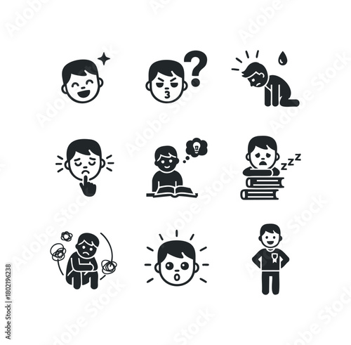 Emotions and feelings collection showing happiness, confusion, and exhaustion