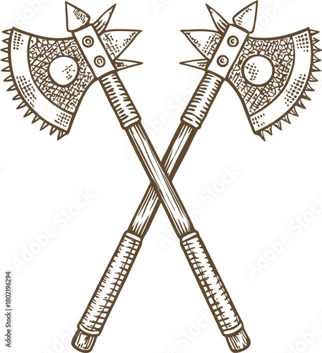 Crossed medieval battle axes with ornate blades and wooden handles vintage hand drawn weapon illustration