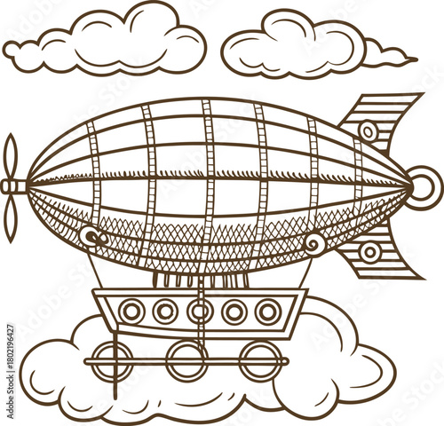 Vintage airship flying among clouds steampunk dirigible with propeller, retro transportation, whimsical adventure