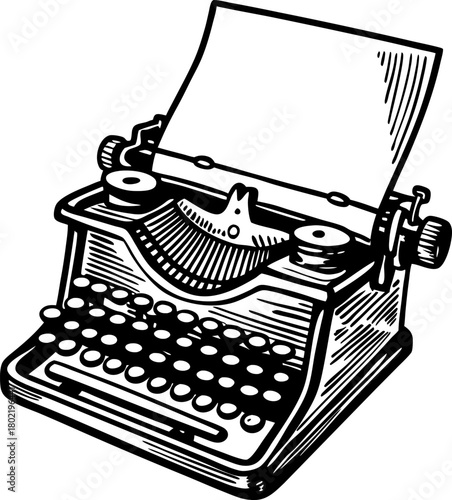 Vintage manual typewriter with paper sheet retro communication device, antique writing machine illustration