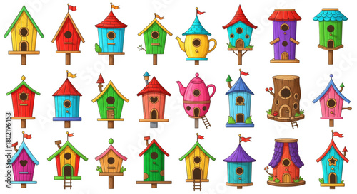 Colorful Birdhouses Collection for Garden Design Web Graphics Cute Spring Summer Home Decor