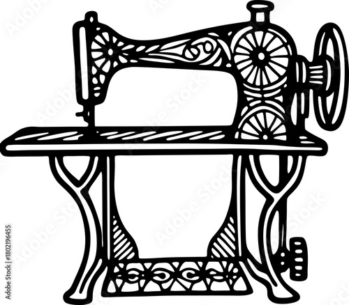 Vintage sewing machine illustration with ornate ironwork, detailed line art antique tailoring equipment design