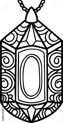 Ornate gemstone pendant outline with intricate decorative patterns, rectangular shape, vintage jewelry illustration