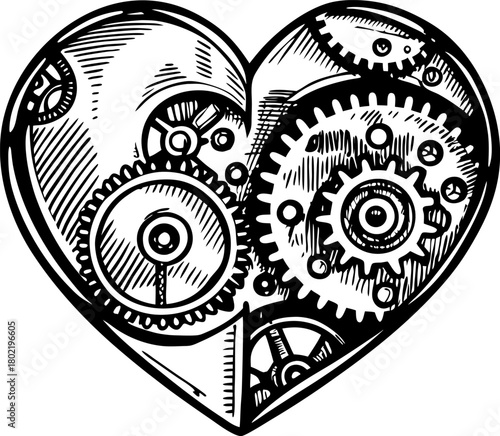 Mechanical heart illustration filled with gears and cogs hand drawn steampunk concept for machinery, emotions and engineering