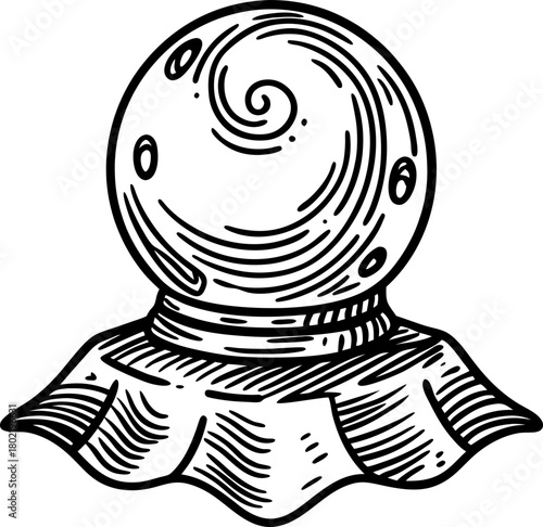 Mystical crystal ball illustration fortune telling, magical glass orb on fabric, divination and occult concept line art