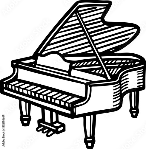 Grand piano sketch classic musical instrument, black and white illustration with open lid, artistic hand drawn