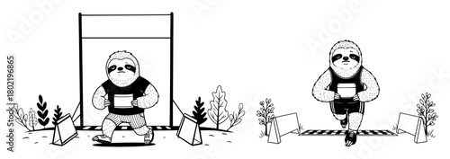 funny sloth running a race with coffee vector set