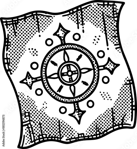 Hand drawn vintage map with compass rose, ancient navigation sketch, maritime exploration symbol, retro illustration