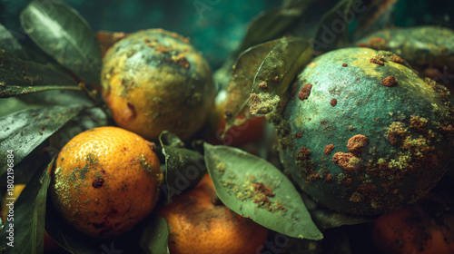 A close up of oranges and green leaves with some mold spots on the oranges in a dark setting