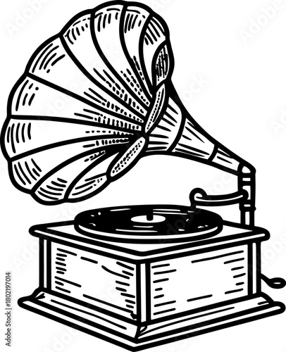 Vintage gramophone illustration with hand crank and large horn speaker, classic retro music player drawing