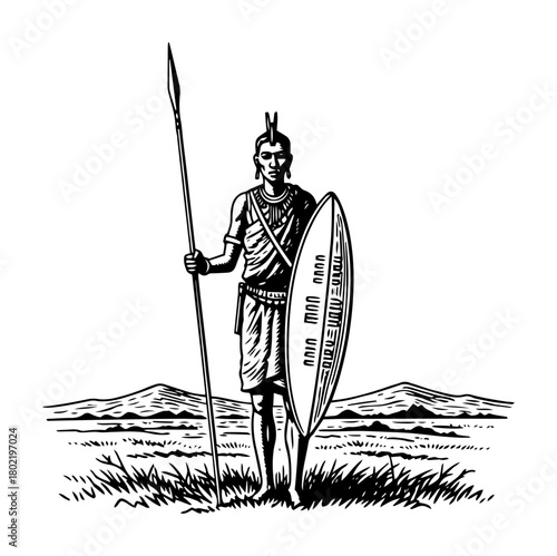 ancient tribal warrior with spear and shield vintage illustration
